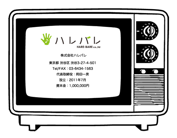 株式会社ハレバレ,東京都 渋谷区 渋谷3-27-4-501,Tel/FAX：03-6434-1563,代表取締役：岡田一男,設立：2011年7月,資本金：1,000,000円,お問い合わせ
:okafax@hare-bare.co.jp